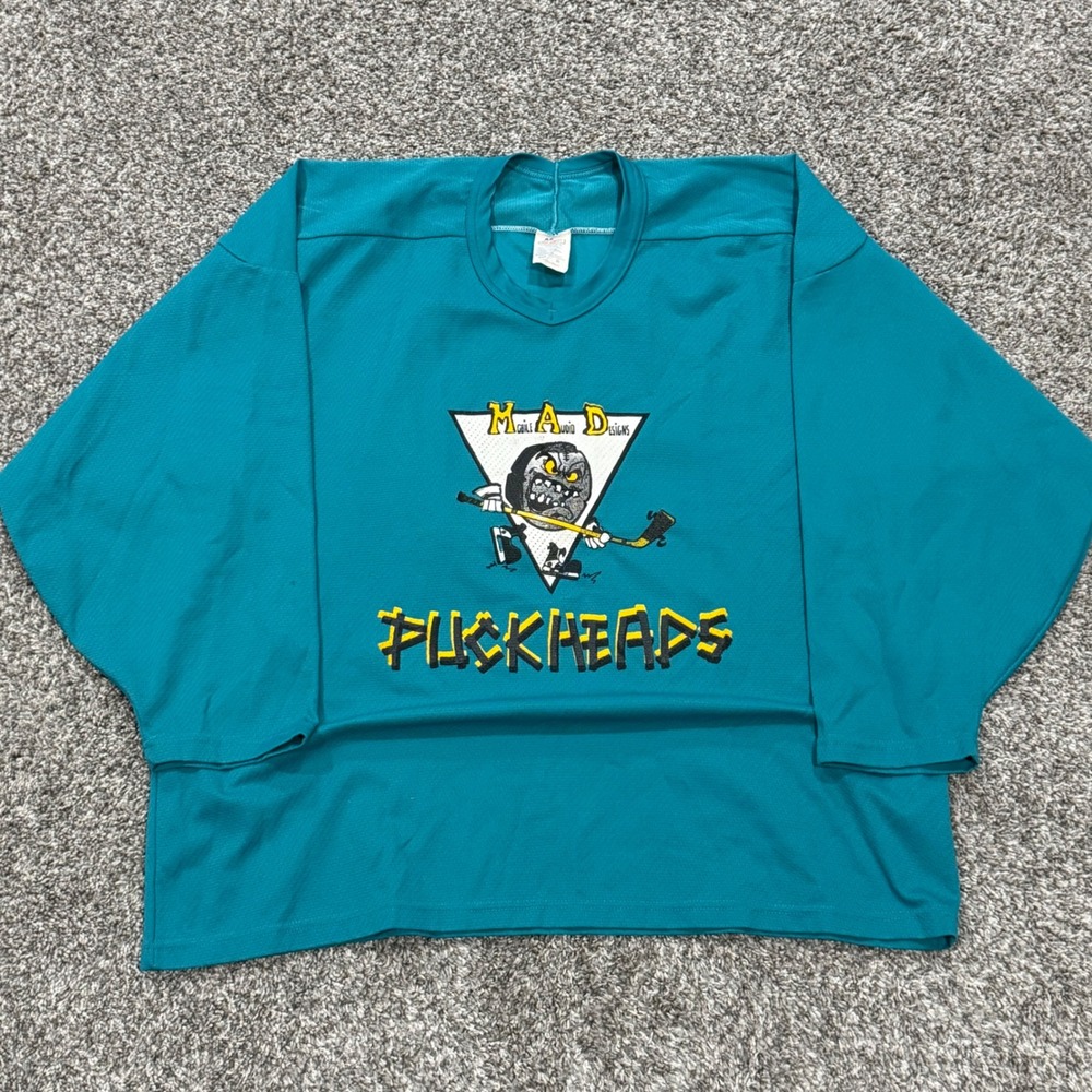 Vintage 90s Puckheads Hockey Jersey Mens XL Teal M.A.D 17 Maska Air-Knit